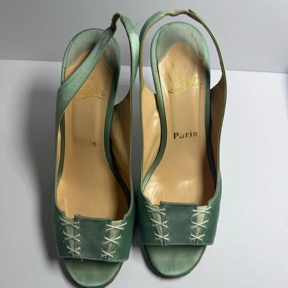 Christian Louboutin Red Bottom Teal Satin Slingback Peep Toe Heels Size 37.5 - Picture 11 of 11
